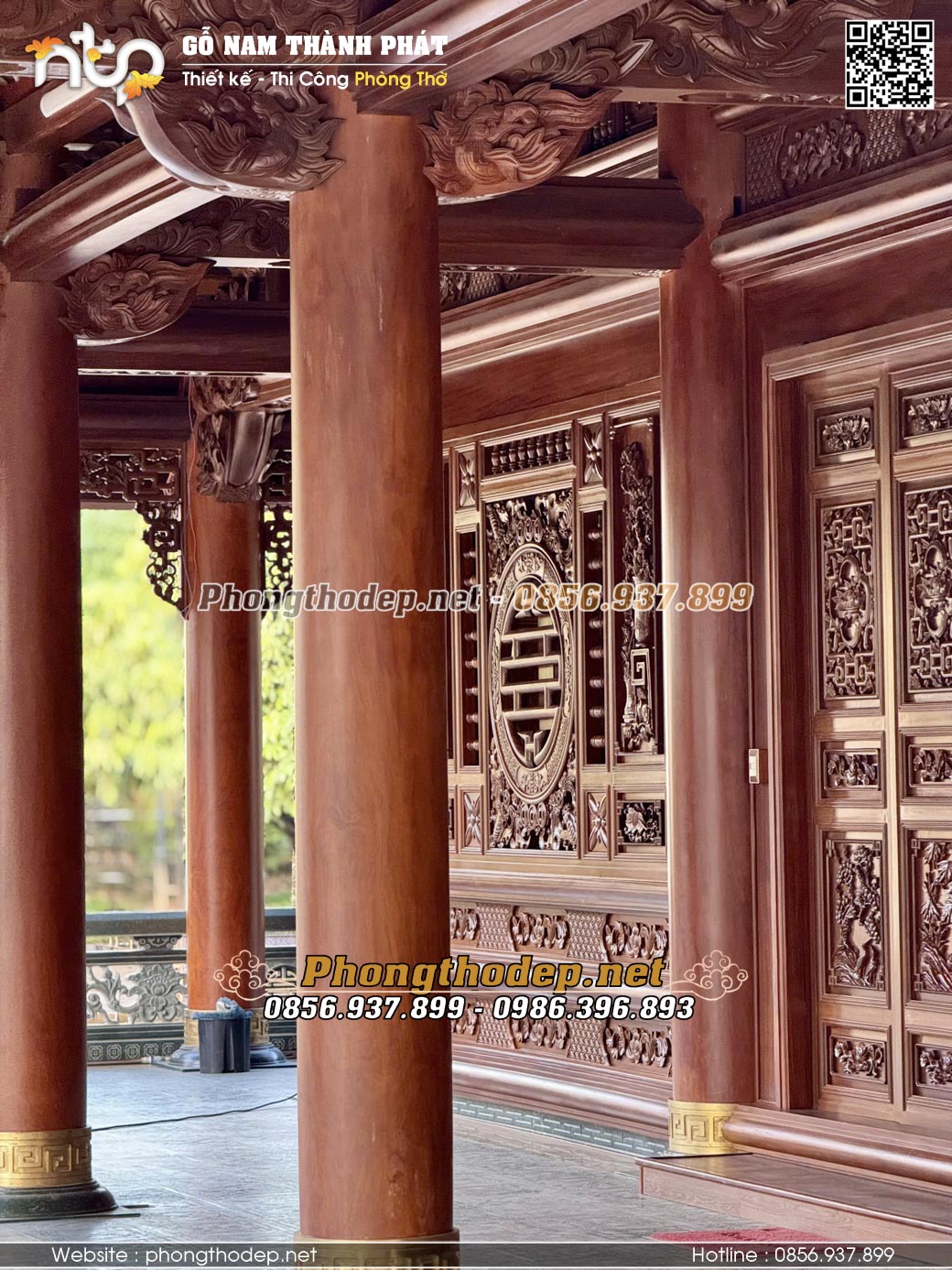 Cột hiên nhà gỗ 5 gian đẹp đường kính 38cm